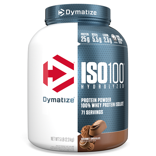 Dymatize ISO100 Hydrolyzed protein powder container on a white background