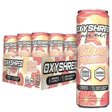 Oxyshred Citrus Paradise energy drink cans on a white background