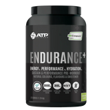 Black supplement container labeled 'Endurance+' by ATP Science on a white background
