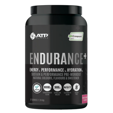 Black supplement container labeled 'Endurance+' by ATP Science on a white background
