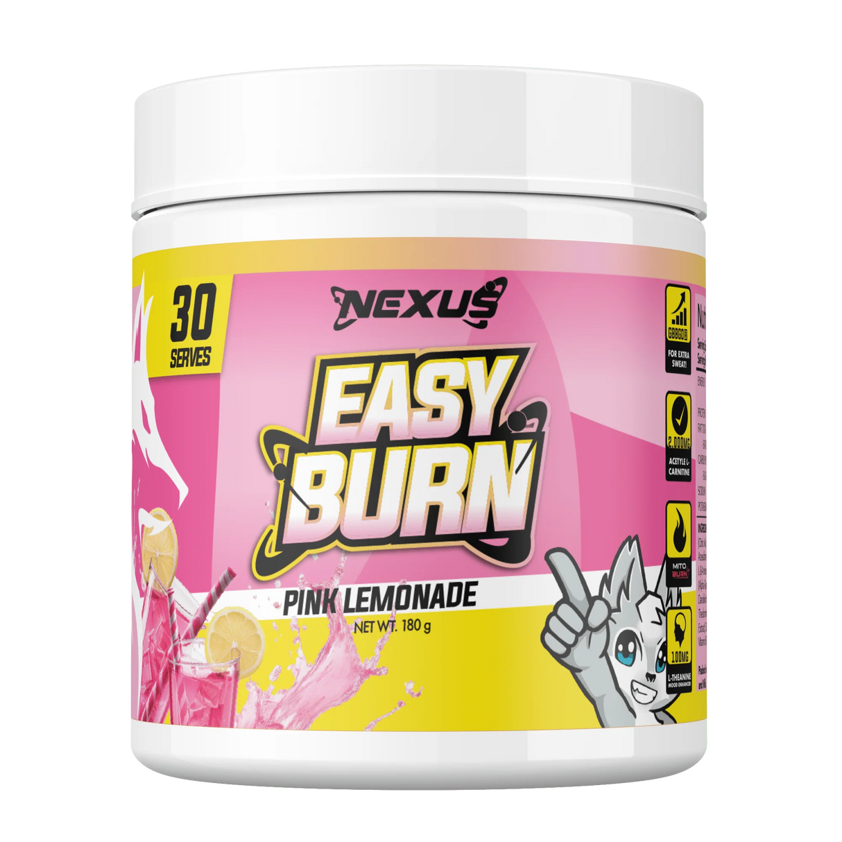 Container of Nexus Easy Burn Pink Lemonade supplement on a white background