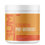 Pre-workout supplement container with 'BUM' branding on a white background