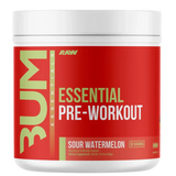 BUM Essential Pre-Workout supplement container on a white background