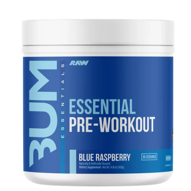 BUM Essentials pre-workout powder container with blue label on a white background