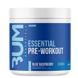 BUM Essentials pre-workout powder container with blue label on a white background