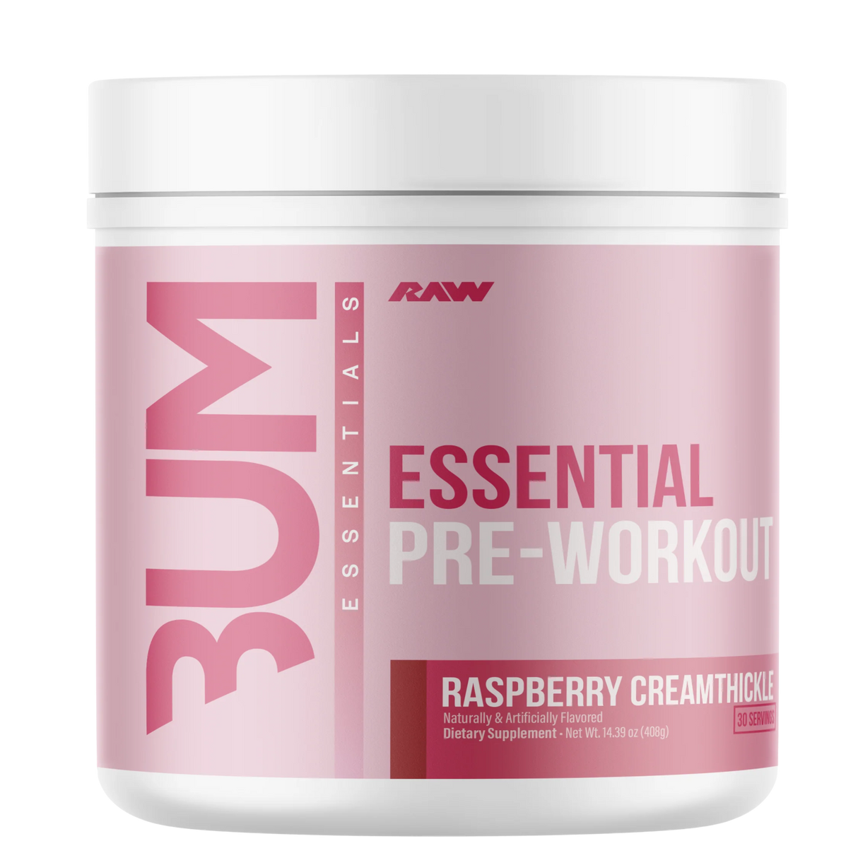 Pre-workout supplement container with pink label on a white background