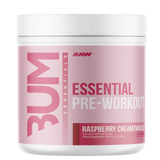 Pre-workout supplement container with pink label on a white background
