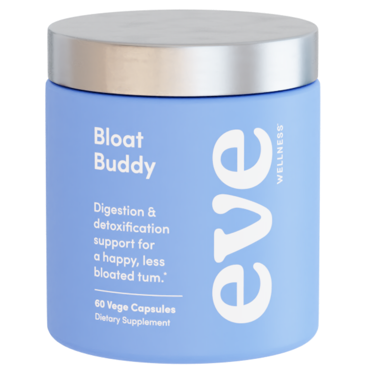 Blue container with silver lid labeled 'Bloat Buddy' by Eve on a white background