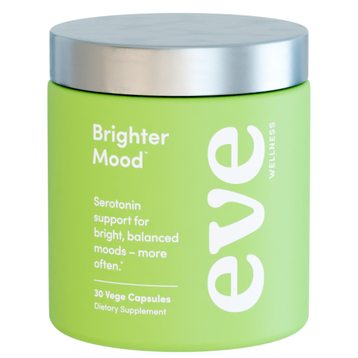 Green supplement container with silver lid labeled 'Brighter Mood' by Eve on a white background