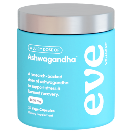 Supplement container labeled 'eve' with blue body and silver lid on a white background