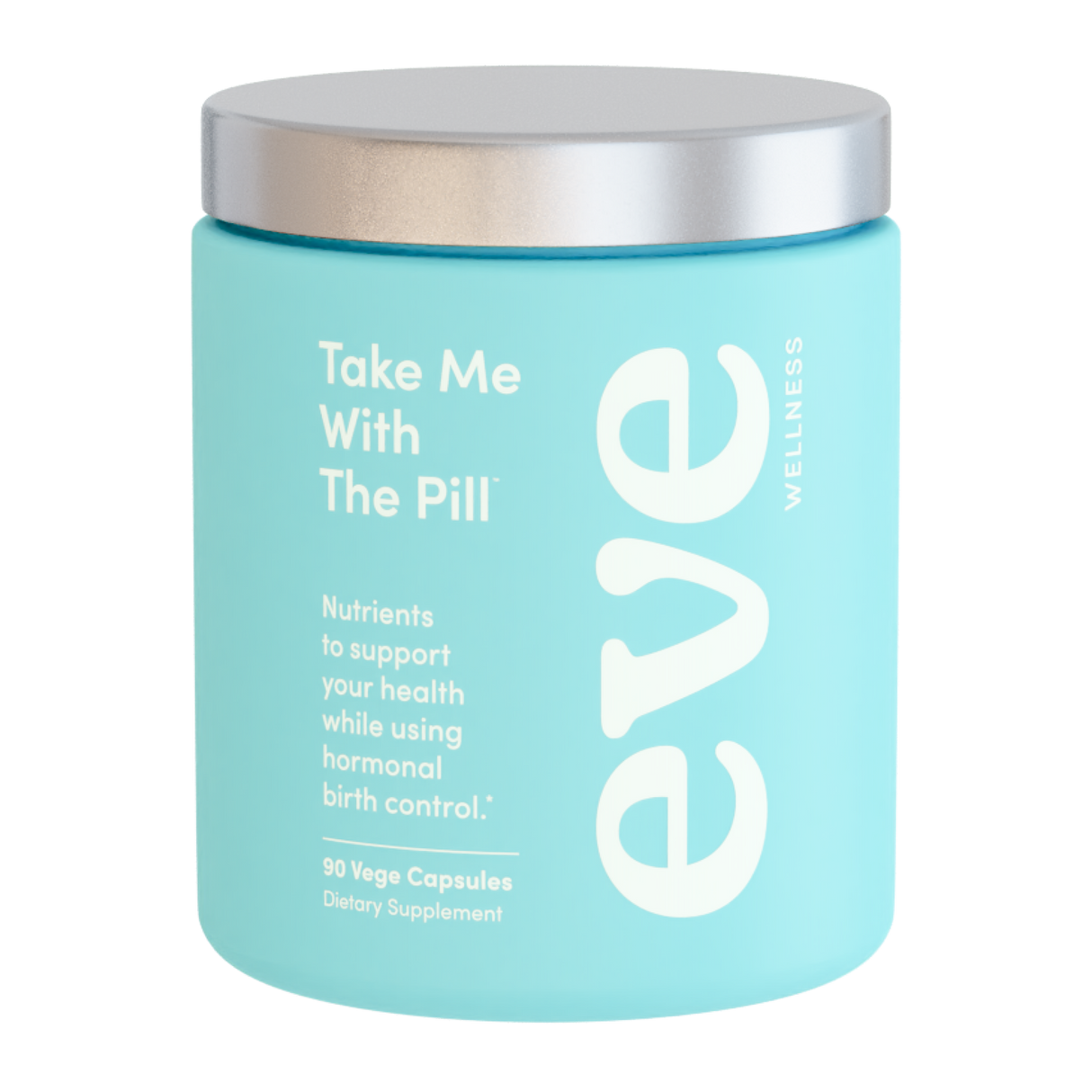Blue container with silver lid labeled 'eve wellness' on a white background