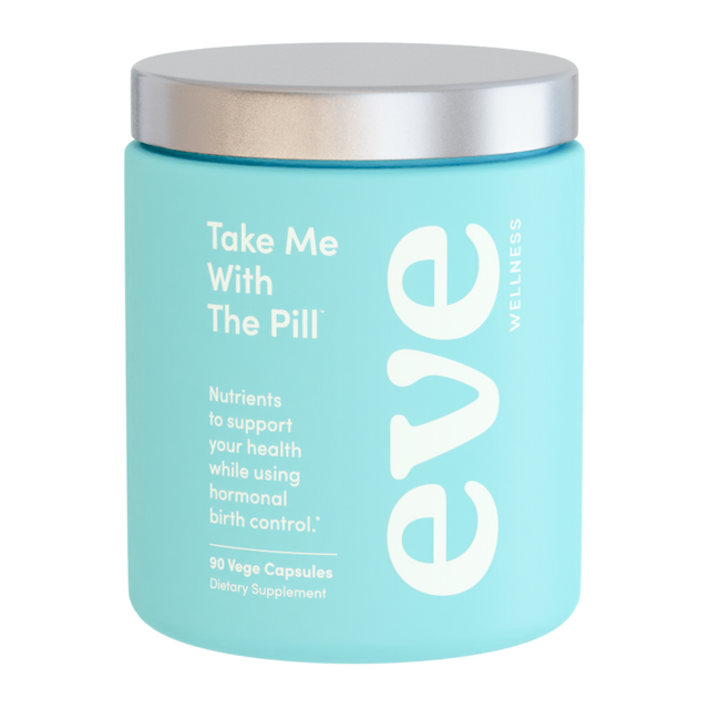 Blue container with silver lid labeled 'eve wellness' on a white background