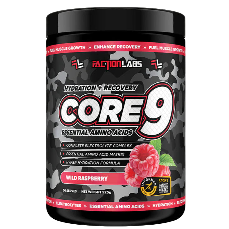 Factor Labs Core 9 supplement container with wild raspberry flavor on a gray background
