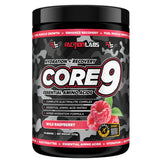 Factor Labs Core 9 supplement container with wild raspberry flavor on a gray background