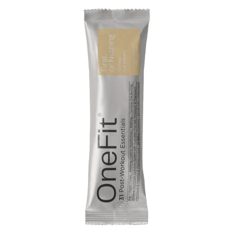 OneFit post-workout essentials packet on a light gray background