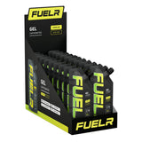 Display of FUELr gel packages with bright yellow and black branding on a white background