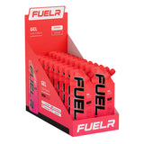 Display of FUELr gel packets in a red box on a white background
