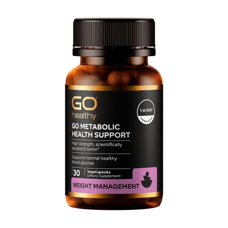 Supplement bottle labeled 'GO Metabolic Health Support' on a white background