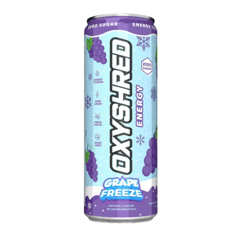 Oxyshred Grape Freeze energy drink can on a white background