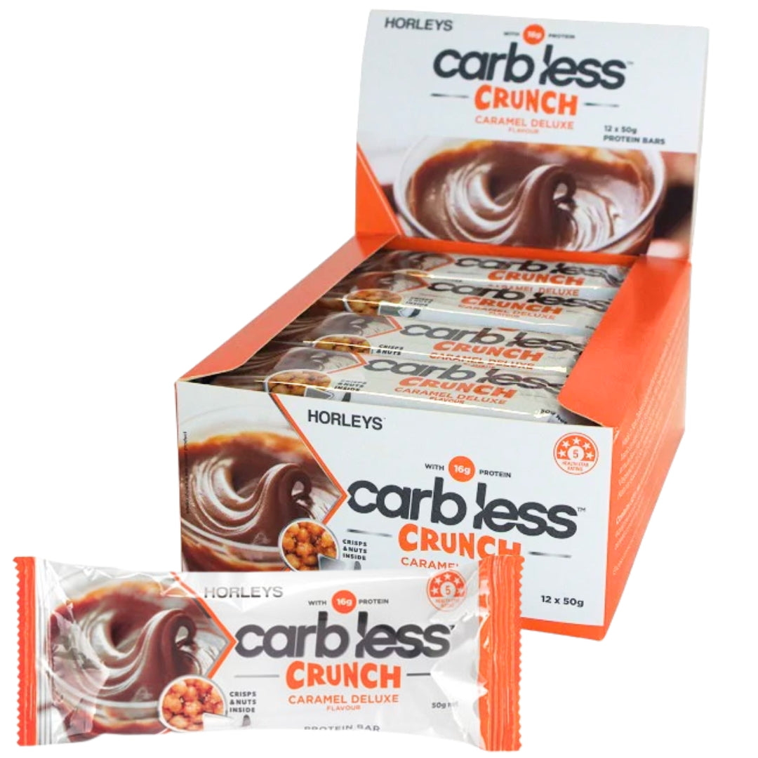 Box of Horleys carb less Crunch Caramel Deluxe protein bars on a white background