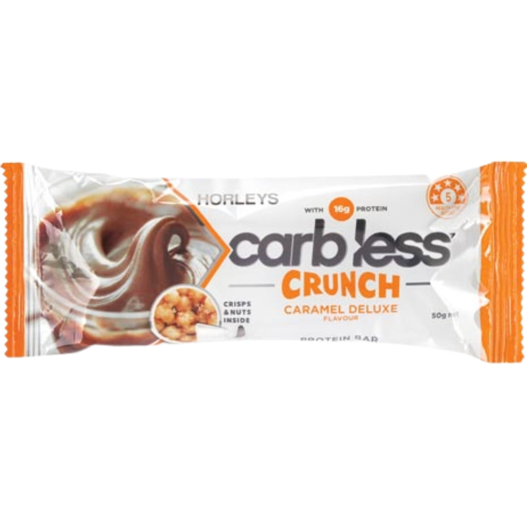 Horleys carb less Crunch Caramel Deluxe protein bar packaging on a white background