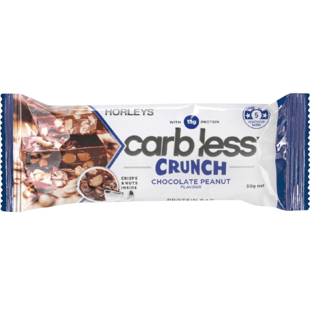 Horleys carb less Crunch Chocolate Peanut protein bar packaging on a white background