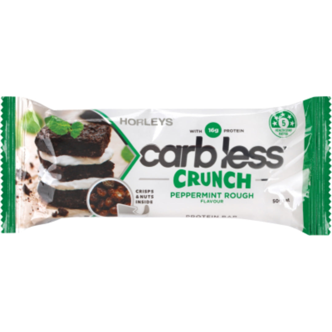 Horleys carb less Crunch Peppermint Rough flavor bar packaging on a white background