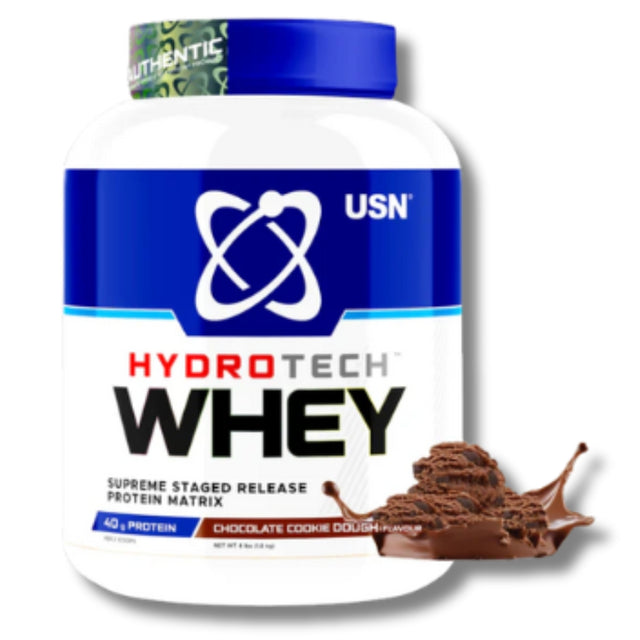 USN HydroTech Whey protein supplement bottle with chocolate flavor indication on a white background