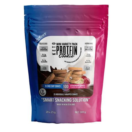 Protein cookie package with blue and pink gradient on a white background
