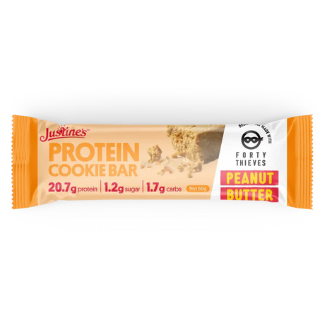 Protein cookie bar packaging with 'Forty Thieves' branding on a white background
