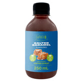 Bottle of salted caramel flavored coffee syrup with a blue label on a white background