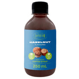 Bottle of hazelnut-flavored coffee syrup with a blue label on a white background