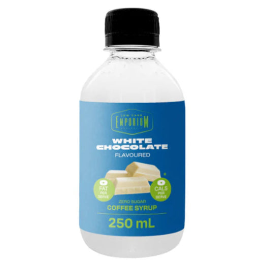 Bottle of white chocolate-flavored coffee syrup with a blue label on a white background