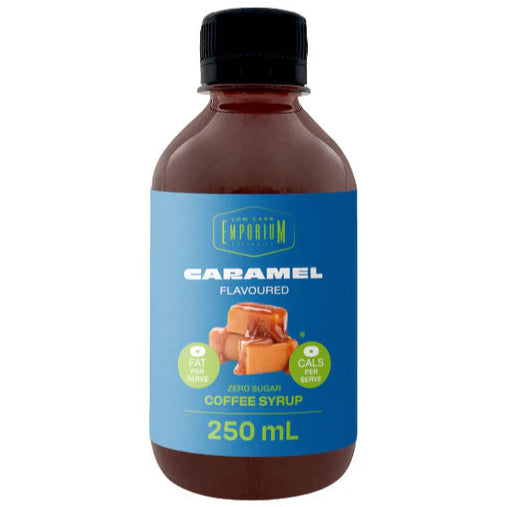 Bottle of caramel-flavored coffee syrup with a blue label on a white background