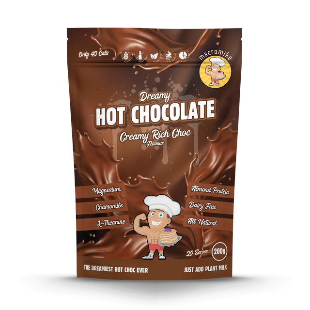 Packaging of Dreamy Hot Chocolate with branding and product details on a white background