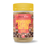Jar of Macro Mike Powdered Peanut Butter with a yellow lid on a white background