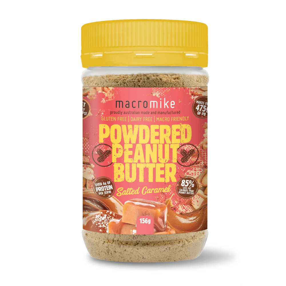 Jar of macromike powdered peanut butter with a yellow lid on a white background
