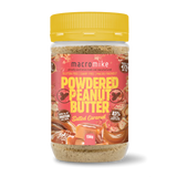 Jar of macromike powdered peanut butter with a yellow lid on a white background