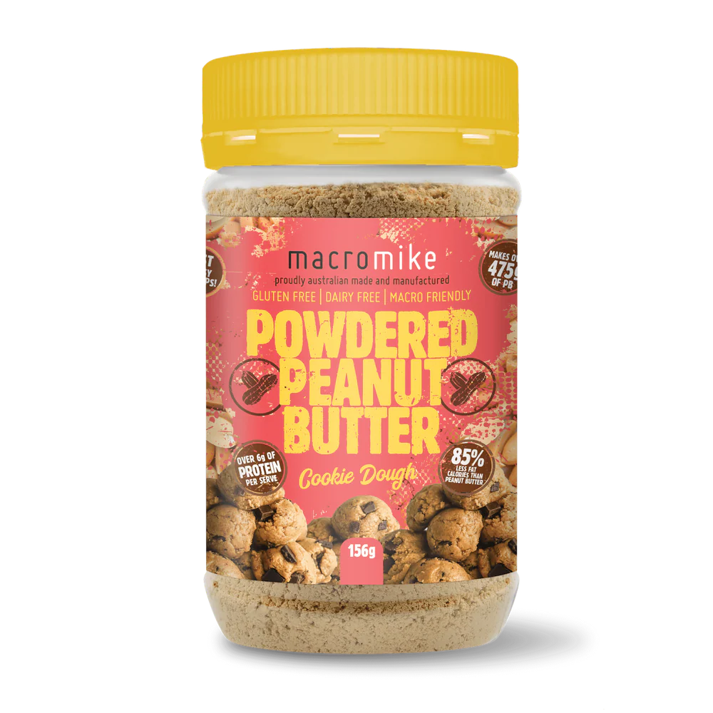 Jar of Macro Mike Powdered Peanut Butter with a yellow lid on a white background