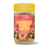 Jar of Macro Mike Powdered Peanut Butter with a yellow lid on a white background