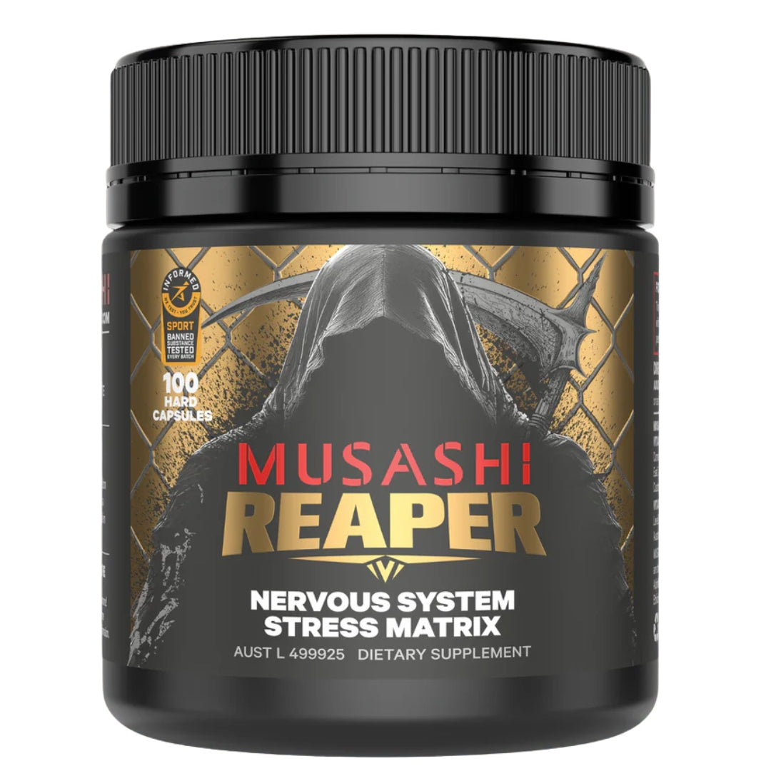 Musashi Reaper dietary supplement container with black and gold design