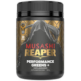 Black supplement container labeled 'Musashi Reaper Performance Greens+' on a white background