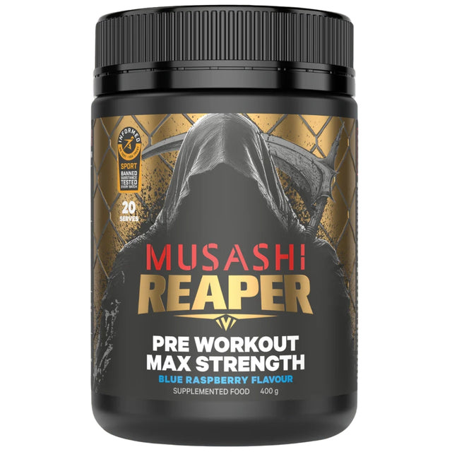 Musashi Reaper pre-workout supplement container with black and gold design
