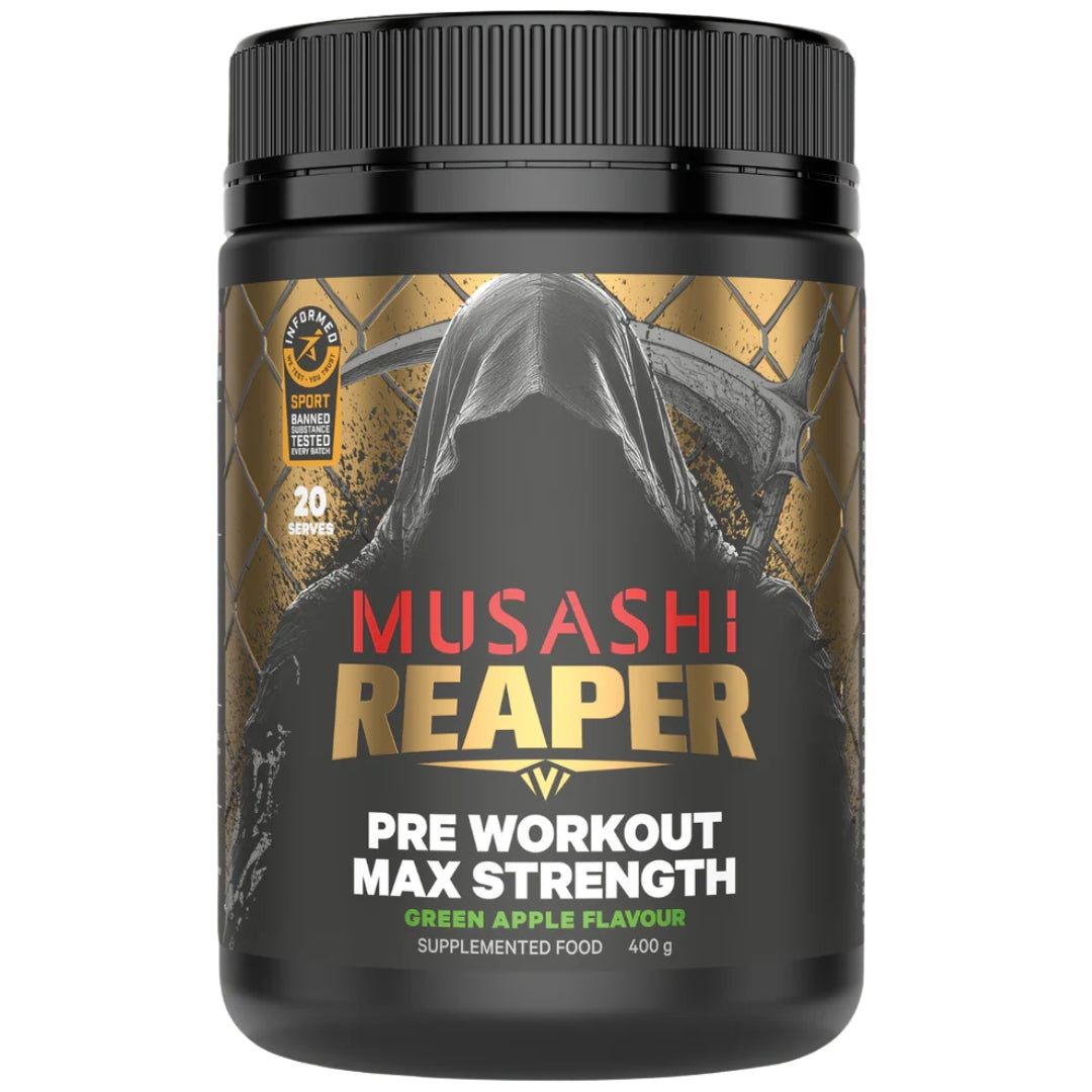 Musashi Reaper pre-workout supplement container on a white background