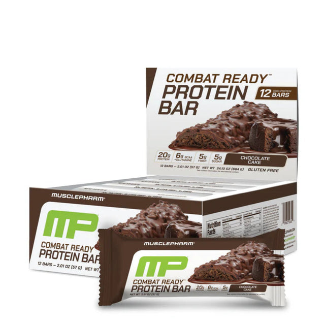 Box of MusclePharm Combat Ready Protein Bars with a single bar displayed in front on a white background.