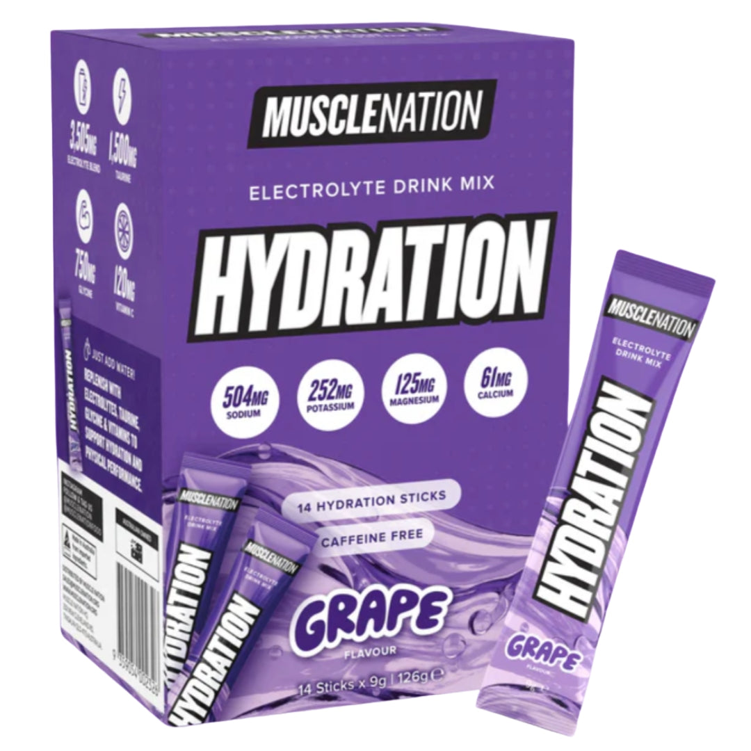 Muscle Nation Hydration drink mix packaging with a single stick on a white background