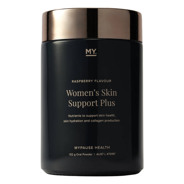Black container of Women's Skin Support Plus with gold lid on a white background