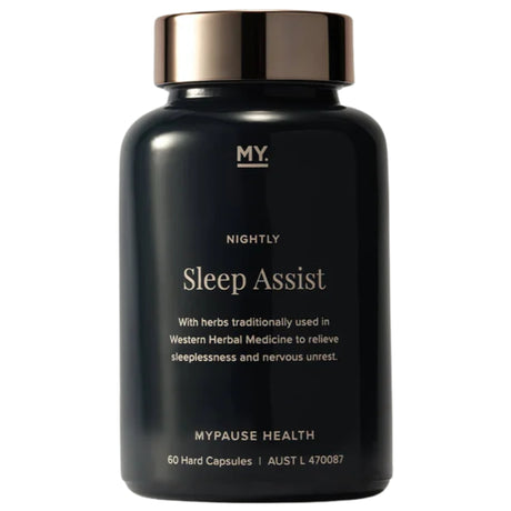 Black bottle labeled 'Sleep Assist' by MYPAUSE HEALTH on a white background