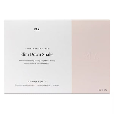 Slim Down Shake packaging with white and pink design on a white background