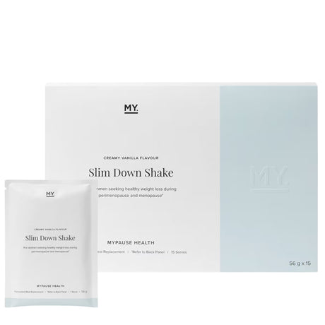 Slim Down Shake packaging with vanilla flavor details on a white background